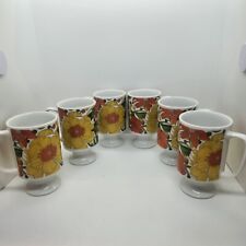 Vintage Footed Coffee Mugs Pedestal Green Yellow & Orange 1970's Flower Set of 6 picture