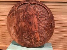 Antique Flemish Art NY Equestrian Horse Pyrography Round Wood 12