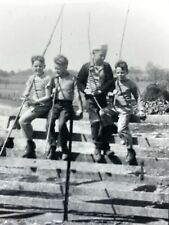 AhF) Found Photograph Rascally Kids Boys Fishing Poles Wood Fence  picture