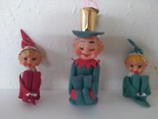 Vtg Knee Huggers Christmas Tree Ornaments Lot of 3 Green Red Retro Pixies Elves picture
