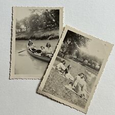 Vintage B&W Snapshot Photograph Beautiful Young Ladies Best Friends Picnic Canoe picture