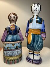 Vintage Eastern European Ceramic Man Woman Peasant Hand Painted Signed Set of 2 picture