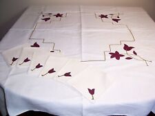 Vintage White Linen Cloth 52” Sq & 6 Napkins 12” Sq Purple Floral Applique picture