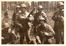 US Army Soldiers Posing with Rifles in Woods WW2 Era 1940s Vintage Photo picture