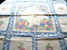 Vintage Heavy Cotton Print Tablecloth White & Blue w/ Multicolored Fruits 50X47 picture