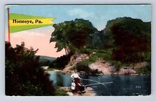 VINTAGE FISHING ON THE LAKE IN HONEOYE, PA ~ c1916 POSTCARD AJ picture