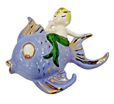 MCM Mermaid  Periwinkle Blue Google Eye Fish Gold Leaf Trim Wall Hanging 6