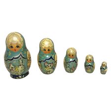 Vintage Set of 5 Russian Matryoshka Nesting Dolls Hand Painted Cats & Flowers picture