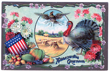 Thanksgiving Patriotic Vintage Postcard Turkey Farm Scene Eagle Gottschalk 2167 picture