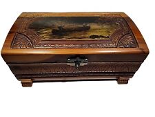 Hand Carved Maple Wood Jewelry Box Decoupage River Scene W Men In Canoe Atq Gift picture