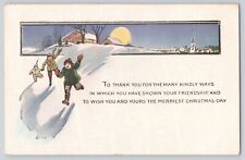 Postcard Christmas Night Children Running In The Snow Large Moon Over Town Linen picture