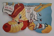 1950 Vtg ANTHROPOMORPHIC Old SOCK Couple SEW I'll Be DARNED On the MEND CARD picture