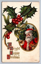 Postcard A Bright & Happy Christmas Santa w/tree Trumpet Holly Berries  D792 picture