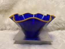 BEAUTIFUL HANDCRAFTED HAND-BLOWN BLUE ART GLASSBOWL VASE WITH YELLOW FLUTED EDG picture