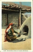 Tesuque New Mexico Pueblo Indian woman baking bread vintage linen postcard picture