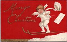 Vintage 1909 Artist-Signed CLAPSADDLE Postcard MERRY CHRISTMAS / Girl on Skis picture
