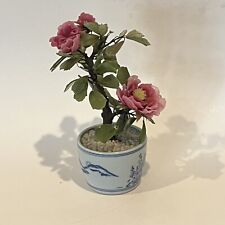 Vtg Rose Peony Bonsai Tree Jade Stone Glass Asian Flowers Japan Blue & White Pot picture