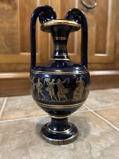 Vtg Classic Greek Handmade Dark Blue Cobalt Vase Ceramic 24k Gold Signed picture