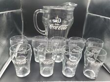 Vintage 10 Pc Coke/Coca-Cola 8 Oz Bell-Shaped Clear Glasses & Pitcher 1970's picture