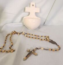 Vintage 50's Cross Holy Water Font  Off-White Ceramic w/Mother of Pearl Rosary picture