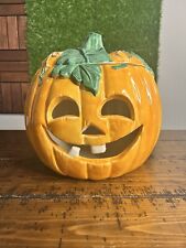 Vintage Pumpkin Lidded Jar Halloween Carved Face Green Leaves Stem Ceramic Large picture