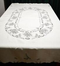 Vintage Floral Hand Embroidered Ecru Linen Tablecloth Cutwork 50