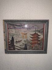 Vintage Japanese Silk Tapestry Textile Embroidery Temple Landscape Asian Art picture