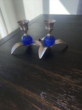 Vintage Cobalt Blue and Metal Taper Candle Holders Rare design 3” Tall picture