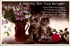 RPPC Cat Kitten Table Flowers Vase Birthday c1910s tinted photo postcard JP5 picture
