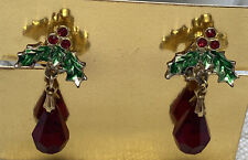 Vintage Christmas Holly Crystal Red And Green Leaves Dangle Drop  Earrings picture
