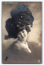 Birthday Woman Giant Feather Victorian Hat Studio Latvia RPPC Photo Postcard picture