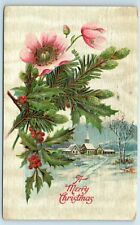 Postcard A Merry Christmas holly flowers church 1908 J98 picture