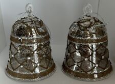 2 Vintage Mottled Glass Bell Ornaments Gold Glitter Diamonds Design 4.5