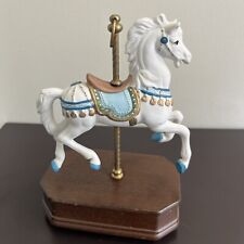 Vintage White And Blue Porcelain Carrousel Horse Music With Wood Base. picture