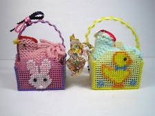 Vintage Flocked Easter BASKETS w/ Chicks & Eggs Hand Knitted  Set Of 2 picture