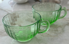 2 Vtg Hazel Atlas Green Uranium Glass Tea Cups - Cherries, Grapes, Pears picture