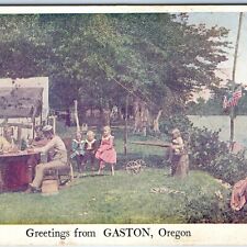 c1910s Gaston, Ore Greetings Lovely Family Camp Site Kids Play Postcard OR A170 picture