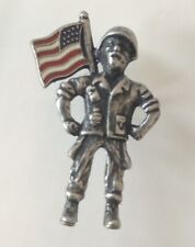 Patriotic Soldier Standing Proud With American Flag Lapel Pin  picture