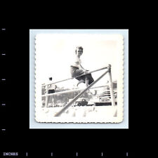 Old Square Photo WOMAN SUNGLASSES SITTING ON RAIL BEACH SCENE CLASSIC CAR picture