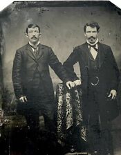 Two Handsome Gentleman Posing - Brothers W. Mustaches - Antique Tintype Photo  picture