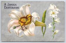 Joyous Easter-Tide~Chick Perches In Falled Lily~Silver Back~Emb~Vintage Postcard picture