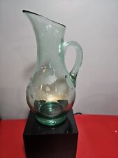 Antique Hand Blown Hand Cut Floral Engraved Clear Glass Pitcher  picture