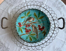 Victorian wired Basket with blue SARREGUEMINES majolica plate with Birds picture
