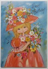 Vtg Birthday Card-CUTE MOD GIRL IN FLOWER-POWER HAT picture