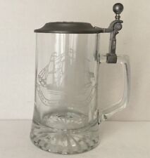 ALWE Clear Glass Stein Etched Ship Grand Turk Pewter Lid West Germany Vintage picture