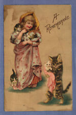 Postcard Animals A Remembrance Greeting Card With Cat And Kittens Posted 1907 picture