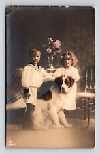 RPPC Hand Colored Portrait Young Boy & Girl Large Dog St Bernard? Postcard picture