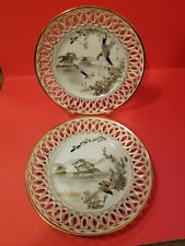 Antique Pr Japanese Porcelain Plates Reticulated Rim Signed picture