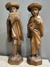 2 Vintage Hand Carved Wooden Mexican Folklore Men One Playing Fife 12