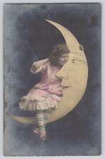 Postcard RPPC Photo Girl  Sitting On Paper Moon Studio Hand Colored Antique 1907 picture